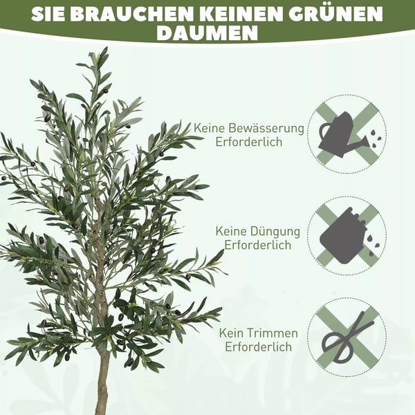 Kunstigt oliventræ, 180 cm, grøn plastik, realistisk kunstig plante med cementpotte til stue, soveværelse, kontor