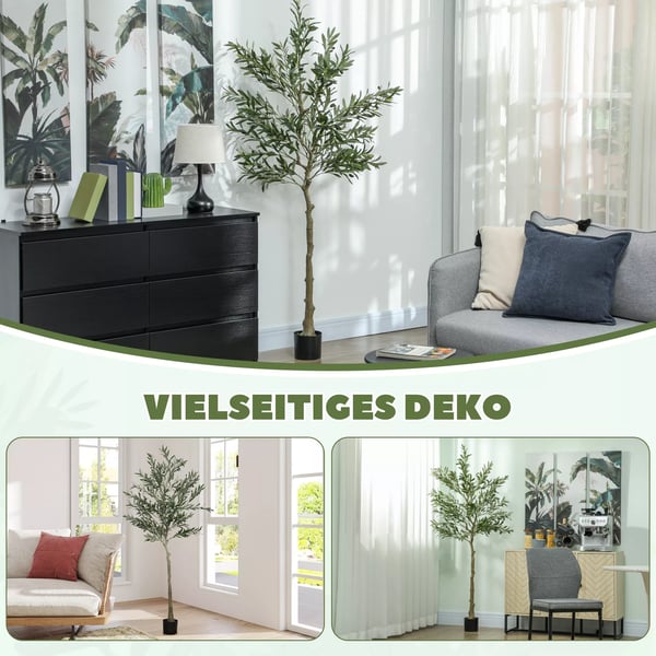 Kunstigt oliventræ, 180 cm, grøn plastik, realistisk kunstig plante med cementpotte til stue, soveværelse, kontor
