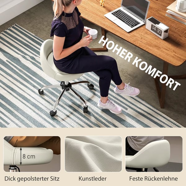HOMCOM rullestol højdejusterbar arbejdsstol 63-83 cm drejestol med hjul drejelig salonstol salonstol kunstlæder hvid