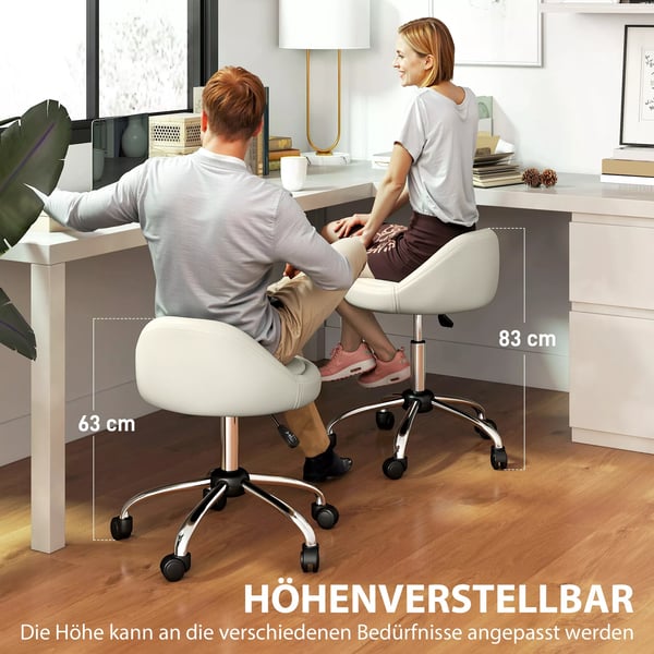 HOMCOM rullestol højdejusterbar arbejdsstol 63-83 cm drejestol med hjul drejelig salonstol salonstol kunstlæder hvid