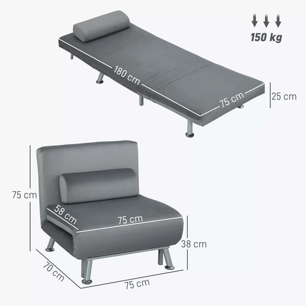 HOMCOM Sovesofa i grå fløjlslook - samklappelig stol med sovefunktion, justerbar ryglæn, 2-i-1 møbel, pladsbesparende