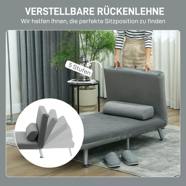 HOMCOM Sovesofa i grå fløjlslook - samklappelig stol med sovefunktion, justerbar ryglæn, 2-i-1 møbel, pladsbesparende