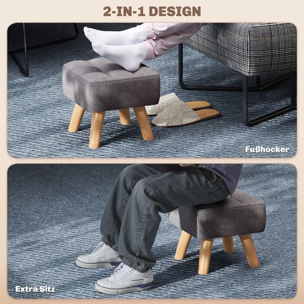 Fotpall med linneoptik, träben, modern sittpall vadderad pall ottoman för sovrum, vardagsrum, grå