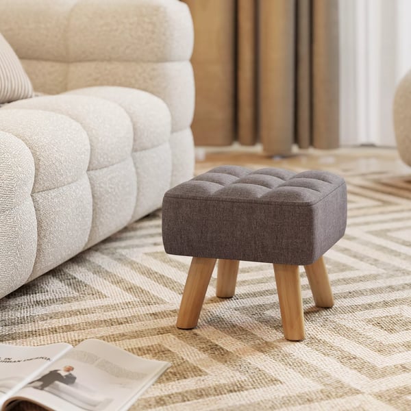 Fotpall med linneoptik, träben, modern sittpall vadderad pall ottoman för sovrum, vardagsrum, grå