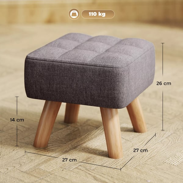 Fotpall med linneoptik, träben, modern sittpall vadderad pall ottoman för sovrum, vardagsrum, grå