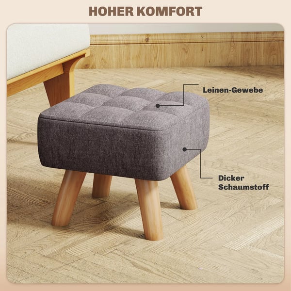 Fotpall med linneoptik, träben, modern sittpall vadderad pall ottoman för sovrum, vardagsrum, grå