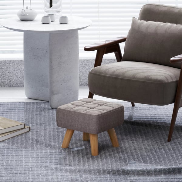 Fotpall med linneoptik, träben, modern sittpall vadderad pall ottoman för sovrum, vardagsrum, grå