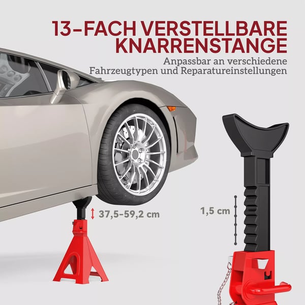 HOMCOM Støttebukke 6 Tons Kapacitet - Rød Stål, 2 stk, Justerbar Højde 375-592mm