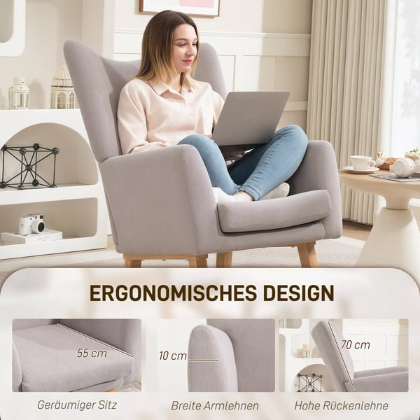 HOMCOM Gyngestol Lysegrå Kordfløjl Gummitræ - Komfortabel, Bred Armlæn, Retro Design