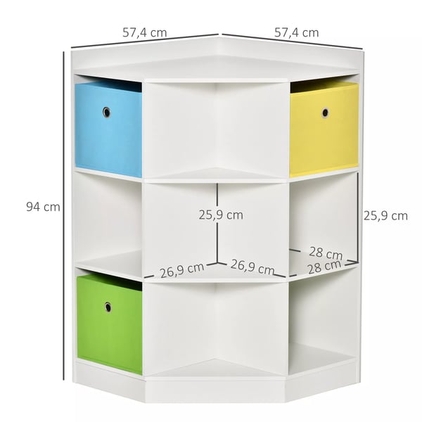 HOMCOM Hjørnehylde til Børn - Hvid MDF - 3 Opbevaringsbokse - 57,4x57,4x94 cm
