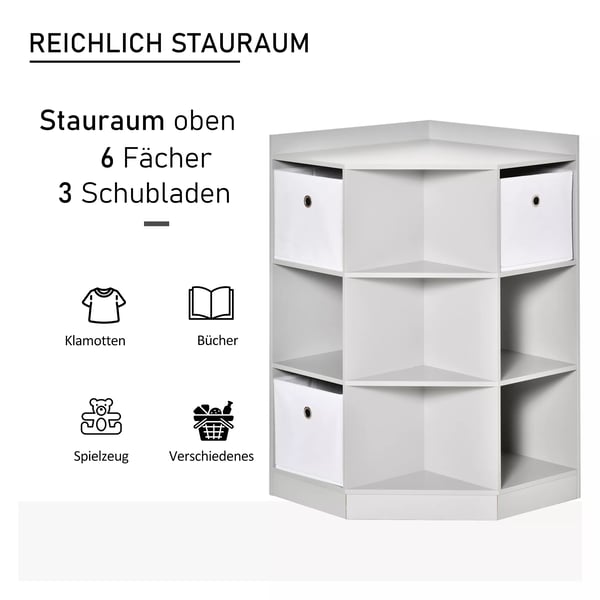 HOMCOM Børnereol med 3 opbevaringskasser i grå, MDF-materiale til legetøj og bøger, 57,4 x 57,4 x 94 cm