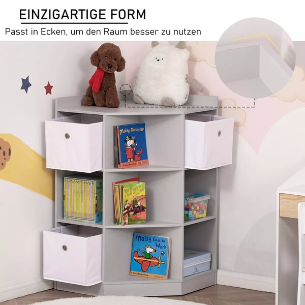 HOMCOM Børnereol med 3 opbevaringskasser i grå, MDF-materiale til legetøj og bøger, 57,4 x 57,4 x 94 cm
