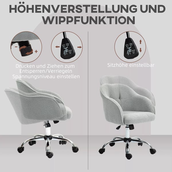 Kontorstol i Teddy Fleece, Ergonomisk Skrivebordsstol, Grå, Højdejusterbar med Vipfunktion