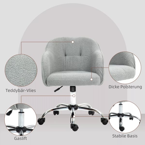 Kontorstol i Teddy Fleece, Ergonomisk Skrivebordsstol, Grå, Højdejusterbar med Vipfunktion