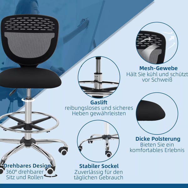 työtuoli, säädettävä jalkarengas, korkeus säädettävä, verkkokangas, ergonominen, musta