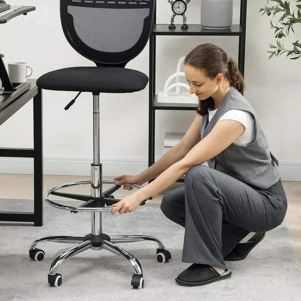 työtuoli, säädettävä jalkarengas, korkeus säädettävä, verkkokangas, ergonominen, musta