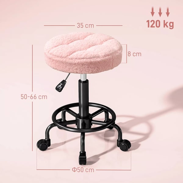 HOMCOM Justerbar Rullehjde Drejestol Arbejdsstol 50-66 cm, 360° Drejelig Kontorstol til Salon Massage Spa, Pink Polyester