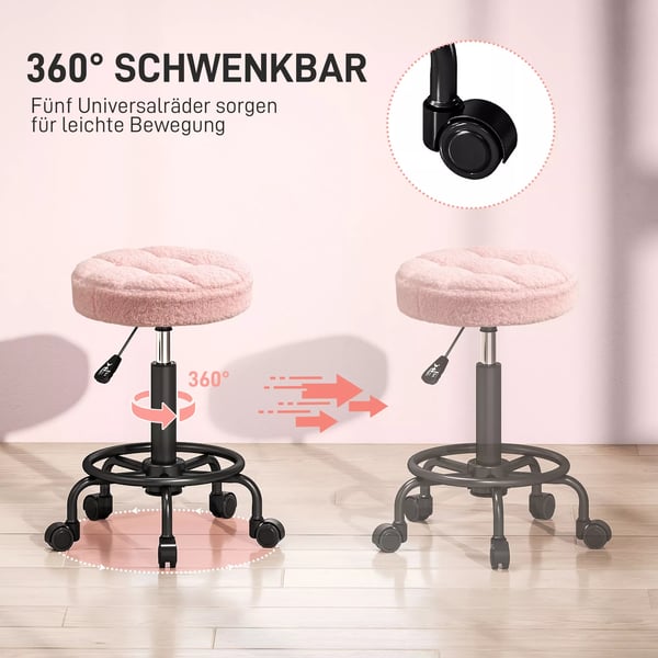 HOMCOM Justerbar Rullehjde Drejestol Arbejdsstol 50-66 cm, 360° Drejelig Kontorstol til Salon Massage Spa, Pink Polyester