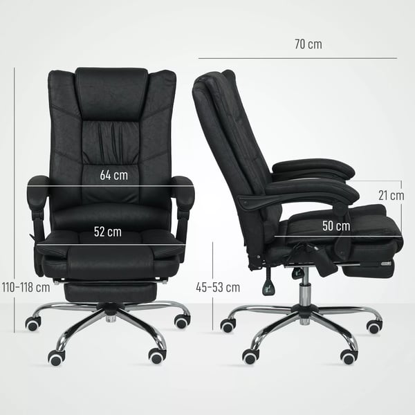 Vinsetto kontorstol med massage, justerbar, med fodstøtte, sort mikrofiber