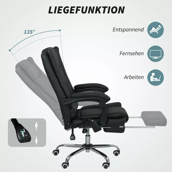 Vinsetto kontorstol med massage, justerbar, med fodstøtte, sort mikrofiber