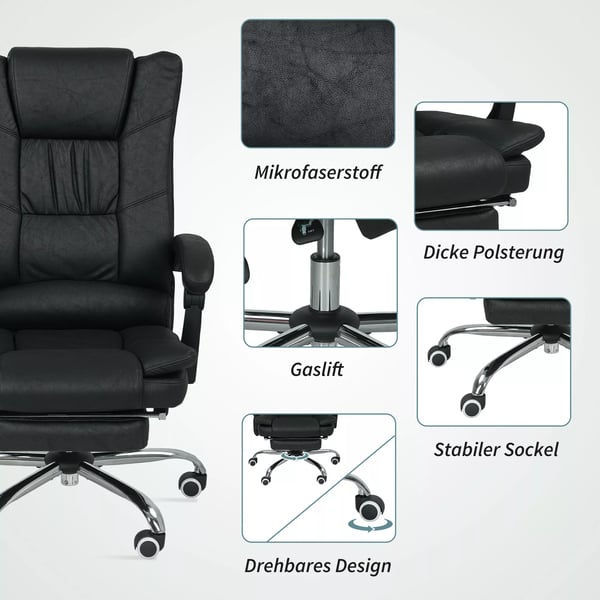 Vinsetto kontorstol med massage, justerbar, med fodstøtte, sort mikrofiber