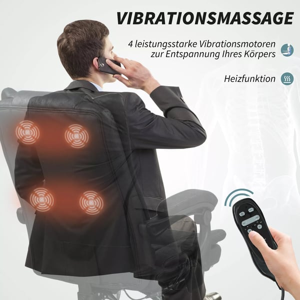 Vinsetto kontorstol med massage, justerbar, med fodstøtte, sort mikrofiber