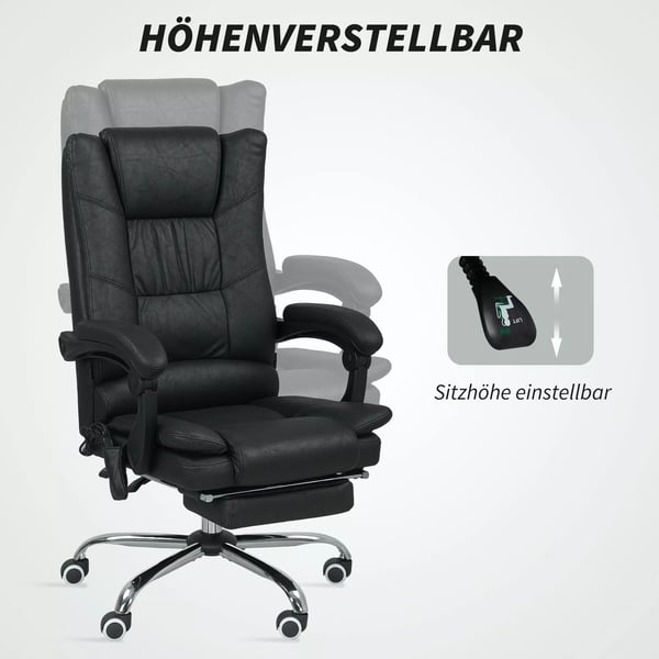 Vinsetto kontorstol med massage, justerbar, med fodstøtte, sort mikrofiber
