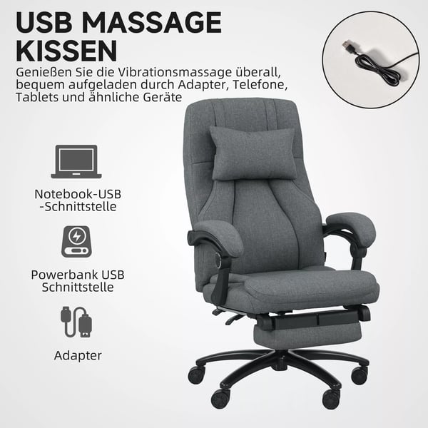Vinsetto Ergonomisk Kontorstol med Massage, Justerbar Hjde, Læn, Nakkestøtte, USB, Mørkegrå Polyester