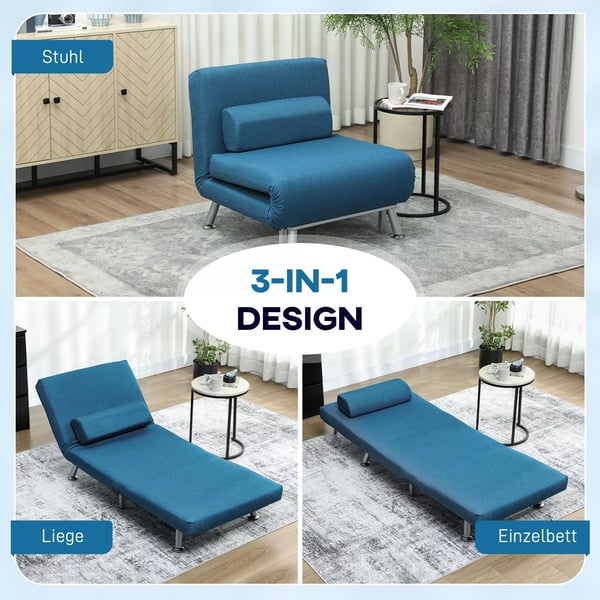 HOMCOM 2-i-1 hvilestol med sovefunktion, foldbar lanestol i linnedlook, justerbar, bla, op til 150 kg