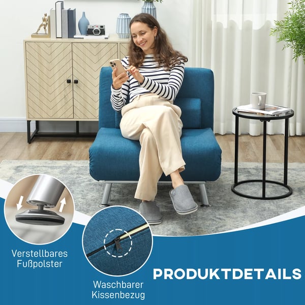 HOMCOM 2-i-1 hvilestol med sovefunktion, foldbar lanestol i linnedlook, justerbar, bla, op til 150 kg