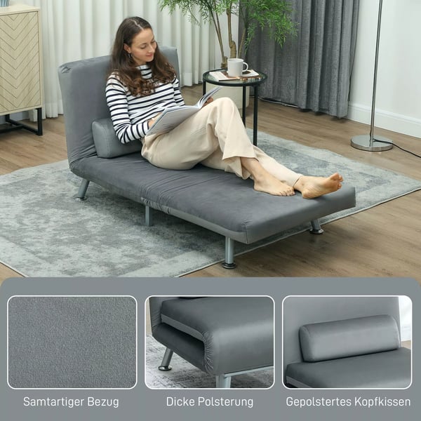 HOMCOM Sovesofa i grå fløjlslook - samklappelig stol med sovefunktion, justerbar ryglæn, 2-i-1 møbel, pladsbesparende