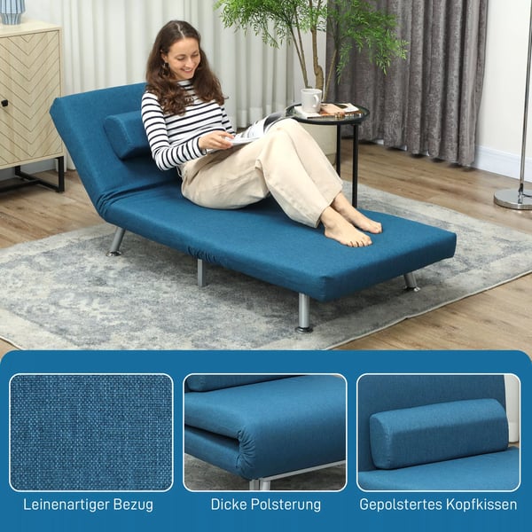 HOMCOM 2-i-1 hvilestol med sovefunktion, foldbar lanestol i linnedlook, justerbar, bla, op til 150 kg