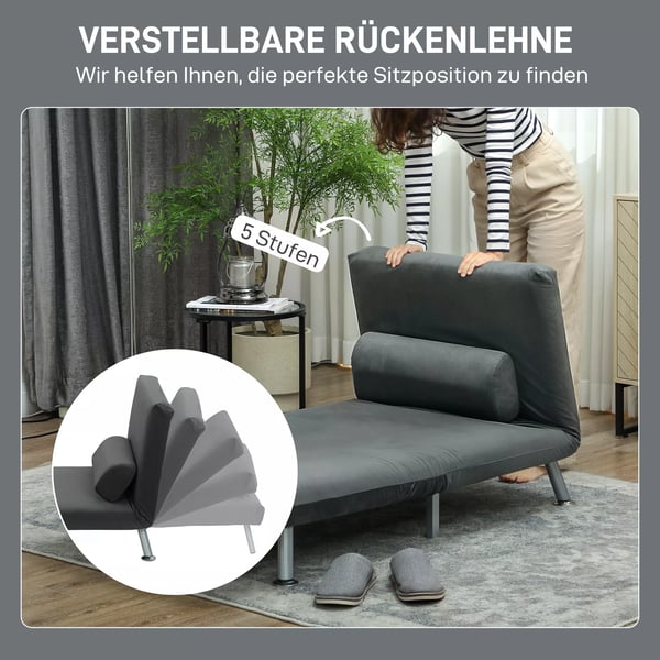 HOMCOM Sovesofa Mrkegrå, Klapsessel med Sengefunktion i Fløjl, Justerbar Ryglæn, 150 kg Kapacitet