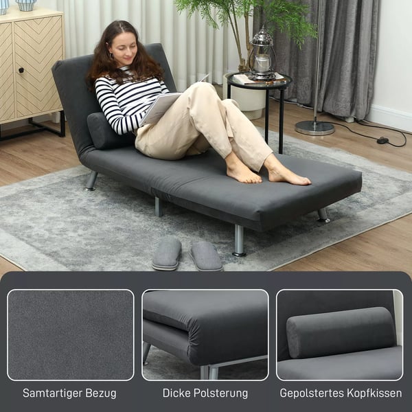 HOMCOM Sovesofa Mrkegrå, Klapsessel med Sengefunktion i Fløjl, Justerbar Ryglæn, 150 kg Kapacitet