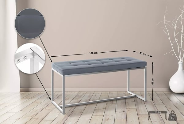 Barci Polstret Bænk, Grå Kunstlæder, Rustfrit Stålramme, 100 cm Bredde