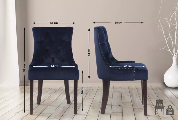 Sæt med 4 Aberdeen blå velour spisebordsstole med træben