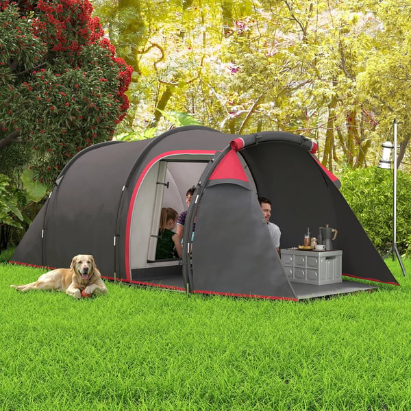 Outsunny telt til 2-3 personer, 190T tunneltelt, campingtelt med pløkker, glasfiber/polyester, mørkegrå, 426 x 206 x 154 cm
