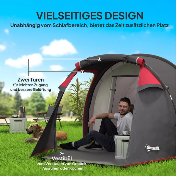 Outsunny telt til 2-3 personer, 190T tunneltelt, campingtelt med pløkker, glasfiber/polyester, mørkegrå, 426 x 206 x 154 cm