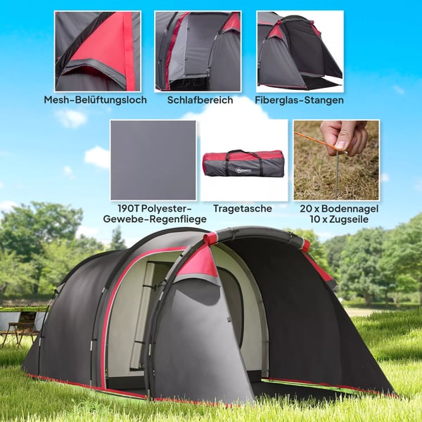 Outsunny telt til 2-3 personer, 190T tunneltelt, campingtelt med pløkker, glasfiber/polyester, mørkegrå, 426 x 206 x 154 cm