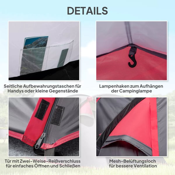 Outsunny telt til 2-3 personer, 190T tunneltelt, campingtelt med pløkker, glasfiber/polyester, mørkegrå, 426 x 206 x 154 cm