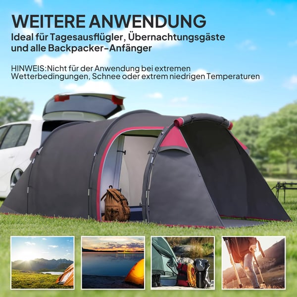 Outsunny telt til 2-3 personer, 190T tunneltelt, campingtelt med pløkker, glasfiber/polyester, mørkegrå, 426 x 206 x 154 cm