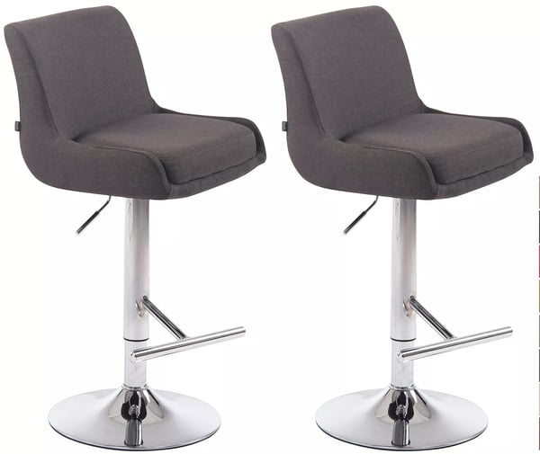 Set med 2 mörkgrå barstolar i tyg med metallställ och justerbar höjd