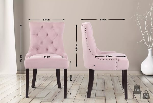 Sæt med 4 lyserøde velour spisebordsstole med træramme