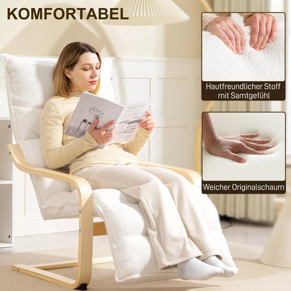HOMCOM Loungestol i hvid Sherpa Fleece med justerbar fodstøtte, gyngestol til stuen