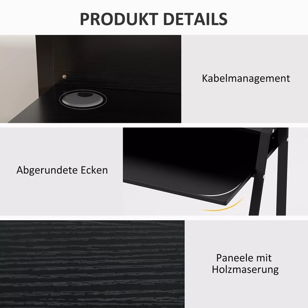 HOMCOM Skrivebord med Hylde & Kabelstyring - Sort MDF & Metal - 84x45x85cm