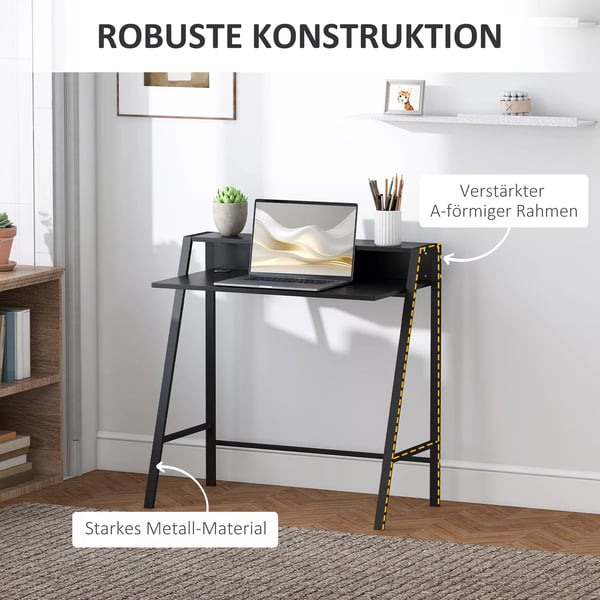 HOMCOM Skrivebord med Hylde & Kabelstyring - Sort MDF & Metal - 84x45x85cm