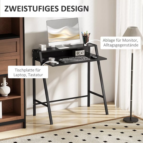 HOMCOM Skrivebord med Hylde & Kabelstyring - Sort MDF & Metal - 84x45x85cm