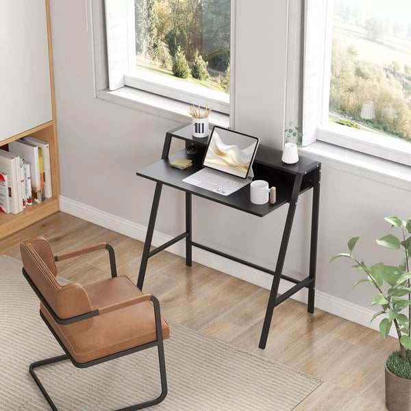HOMCOM Skrivebord med Hylde & Kabelstyring - Sort MDF & Metal - 84x45x85cm