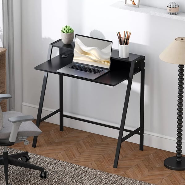HOMCOM Skrivebord med Hylde & Kabelstyring - Sort MDF & Metal - 84x45x85cm