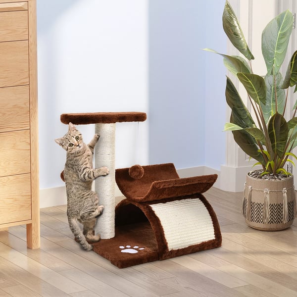 PawHut Kradsetræ til katte, med tunnel, hvileplads og bolde, brun, L40xB30xH43 cm